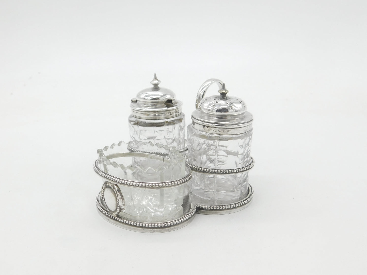 Victorian Sterling Silver & Cut Glass Cruet Set Antique 1877 Birmingham