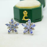 9ct White Gold, Tanzanite & Diamond Floral Stud Earrings Vintage c2000