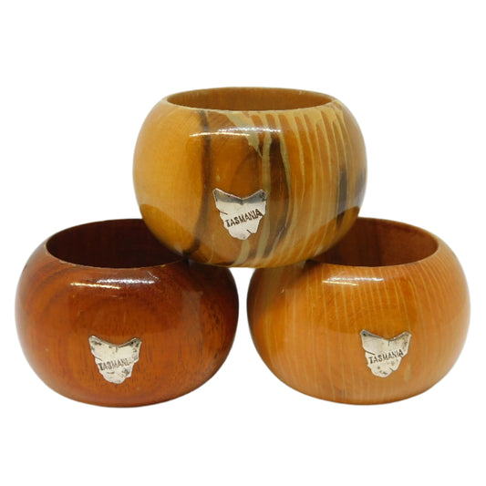 20th Century Australian Treen & Sterling Silver Tasmania Napkin Rings Set c1930
