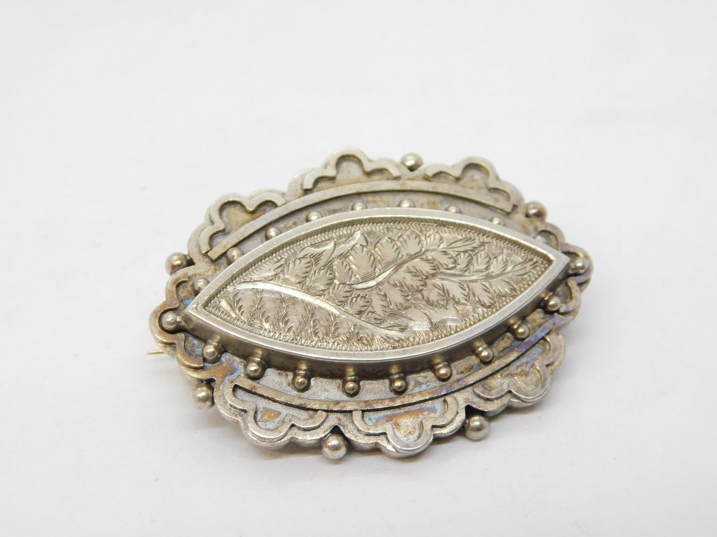 Victorian Sterling Silver Fern Pattern Mourning Brooch Antique 1885 Birmingham