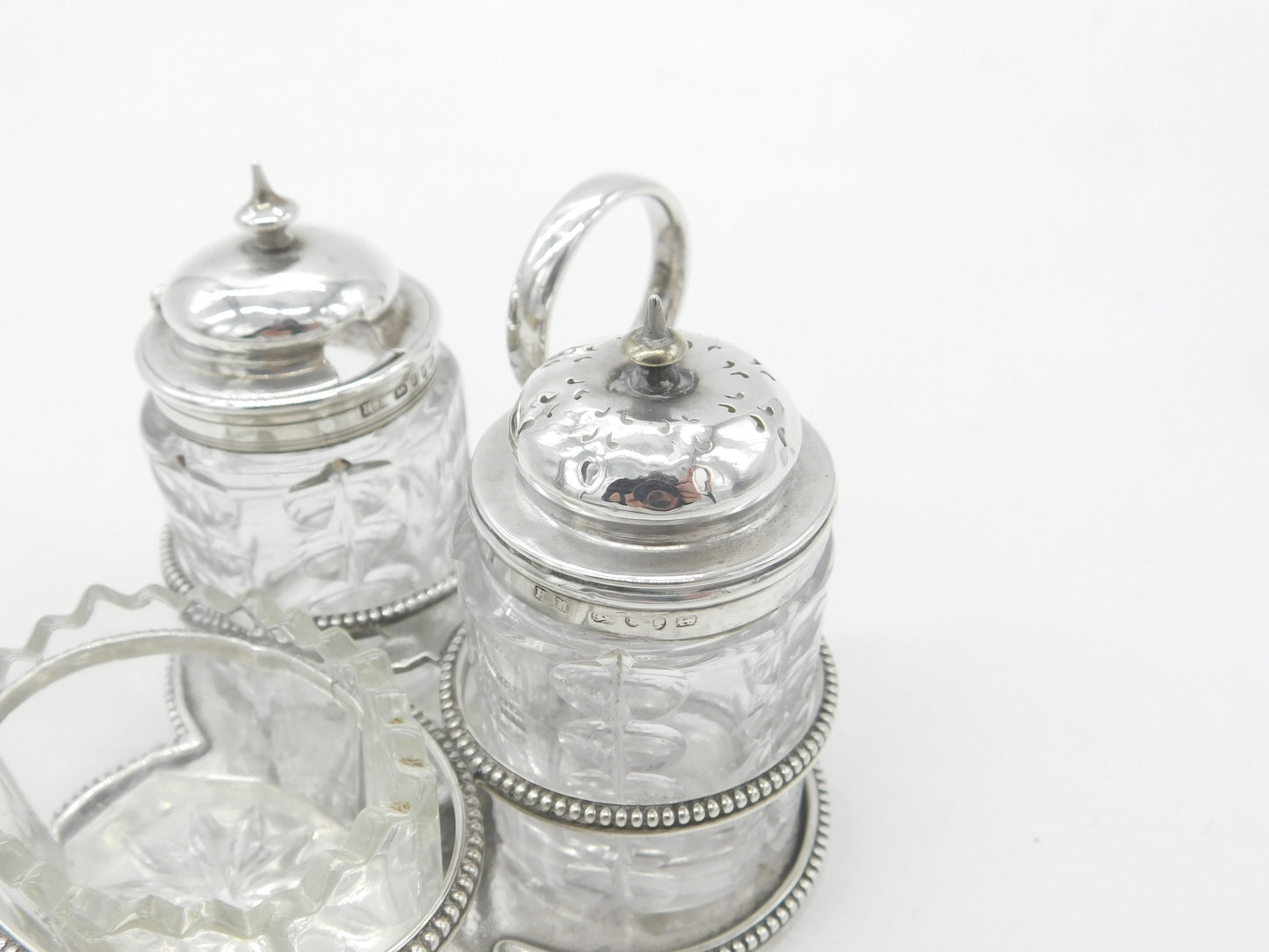 Victorian Sterling Silver & Cut Glass Cruet Set Antique 1877 Birmingham