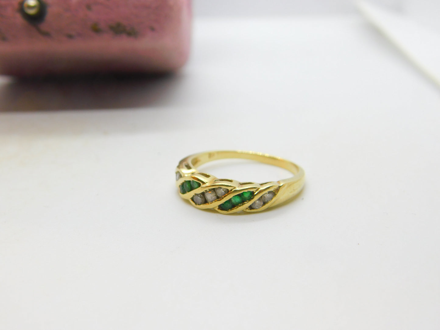 14ct Yellow Gold, Emerald & White Spinel Set Swirl Band Ring Vintage c1980