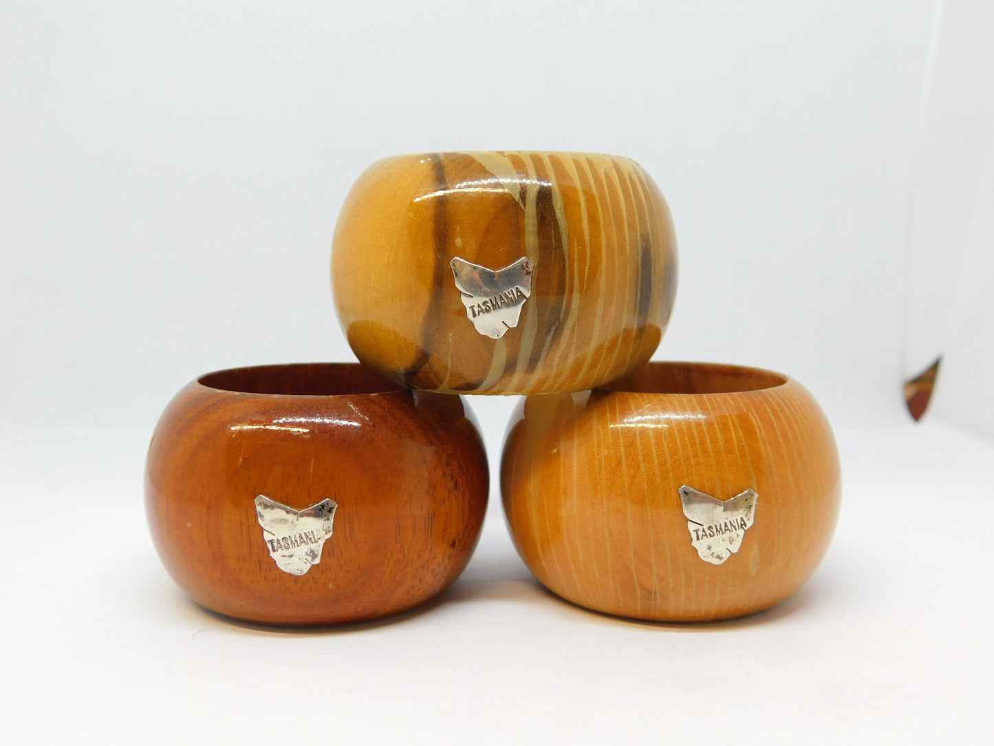 20th Century Australian Treen & Sterling Silver Tasmania Napkin Rings Set c1930