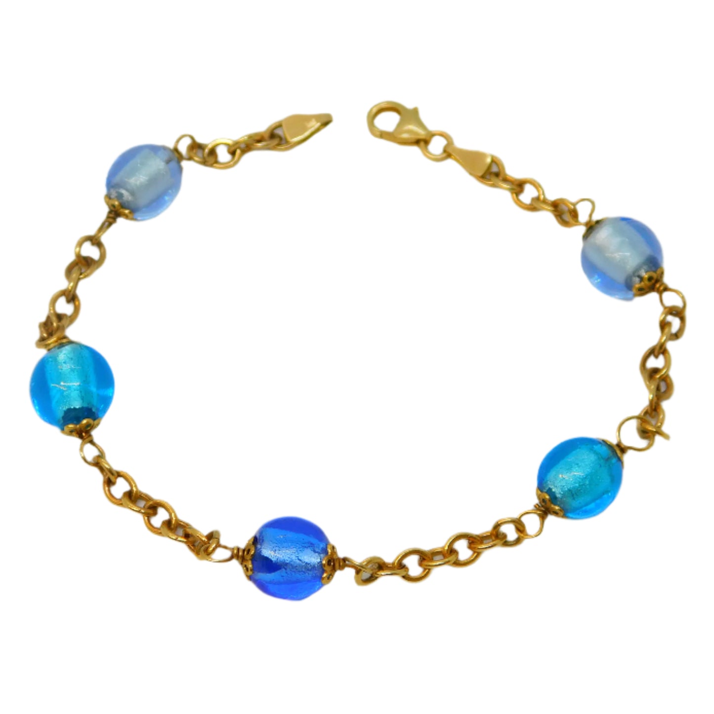 Gold bracelet with blue beads on a light gray background