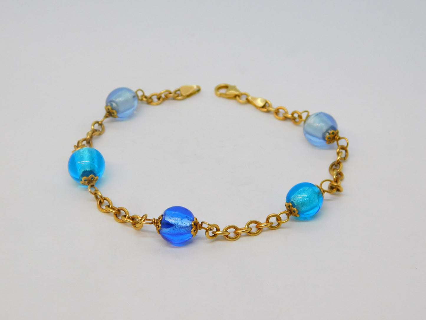 9ct Yellow Gold Five-Bead Blue Murano Glass Cable Bracelet Vintage c1980