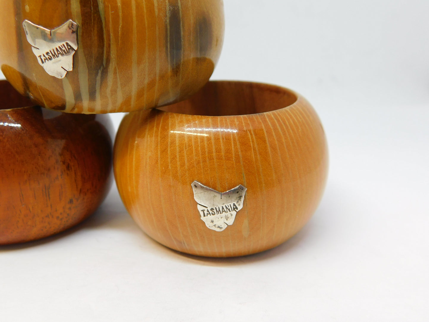 20th Century Australian Treen & Sterling Silver Tasmania Napkin Rings Set c1930