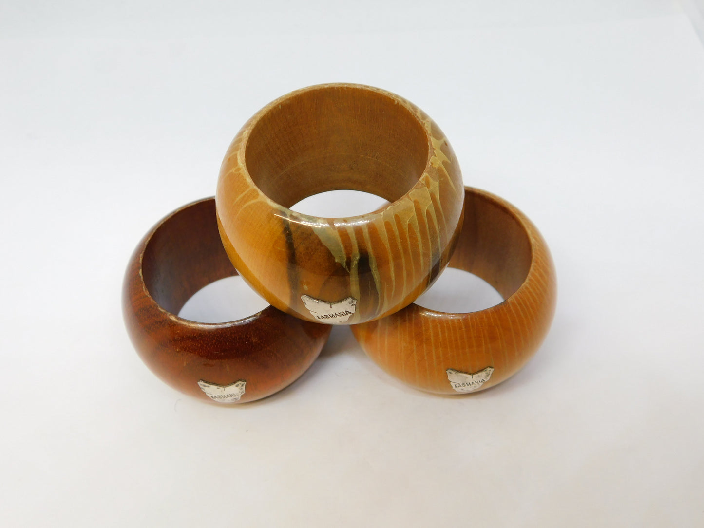 20th Century Australian Treen & Sterling Silver Tasmania Napkin Rings Set c1930