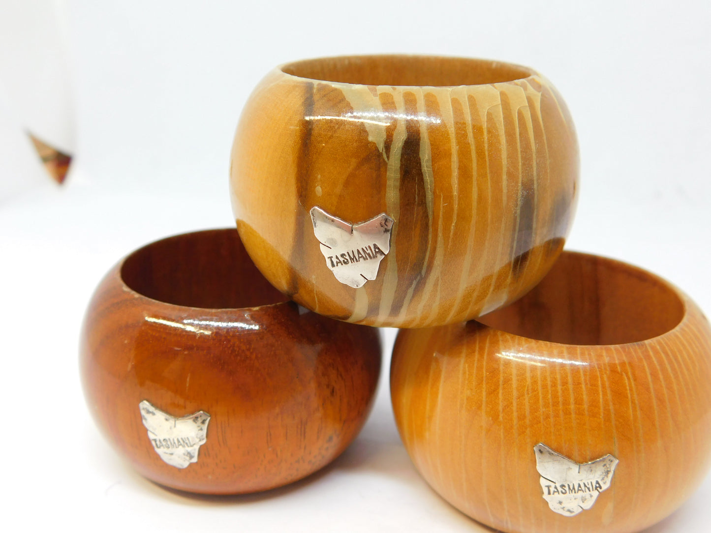 20th Century Australian Treen & Sterling Silver Tasmania Napkin Rings Set c1930