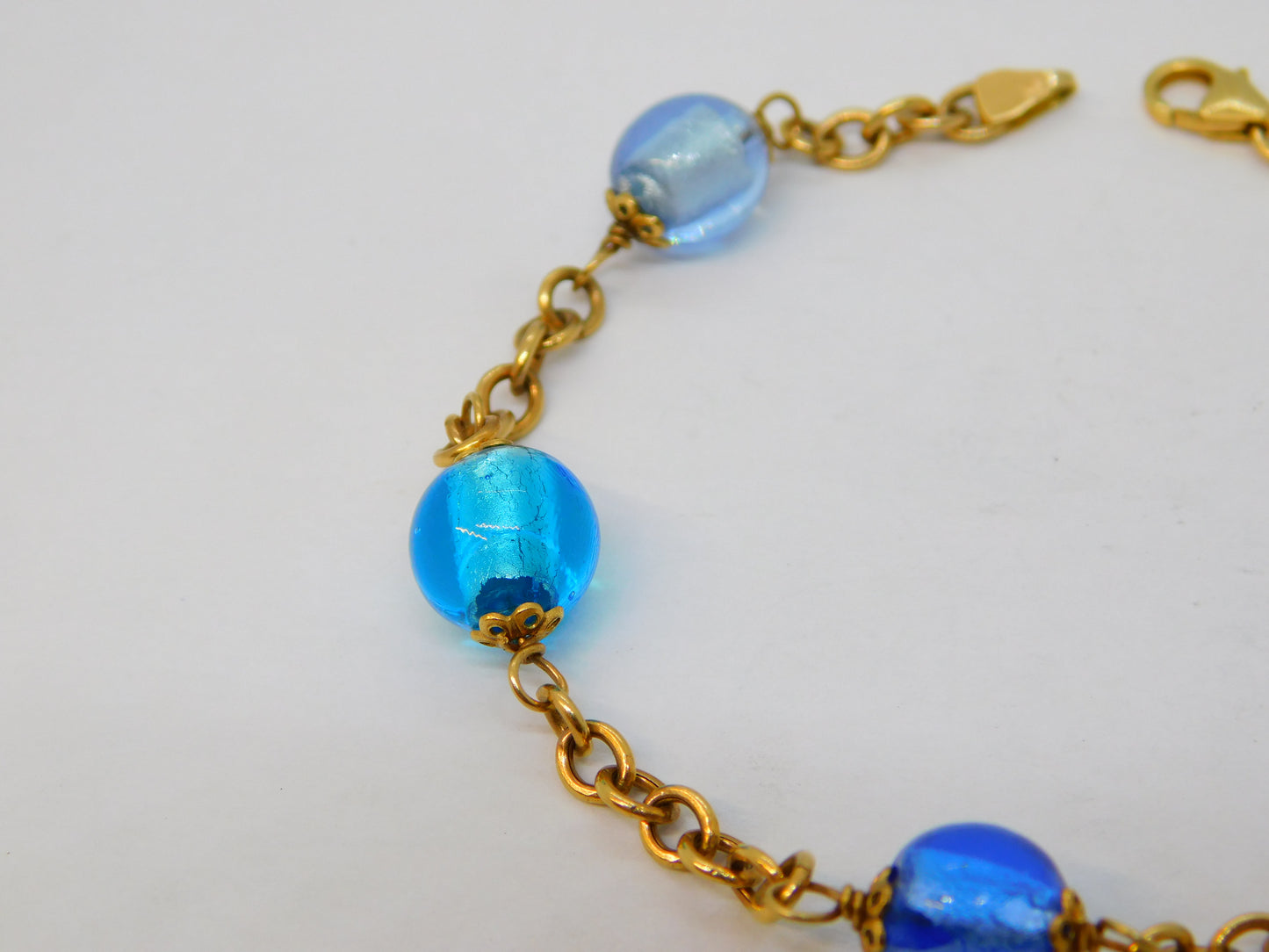 9ct Yellow Gold Five-Bead Blue Murano Glass Cable Bracelet Vintage c1980
