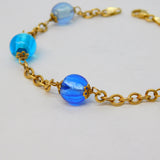 9ct Yellow Gold Five-Bead Blue Murano Glass Cable Bracelet Vintage c1980