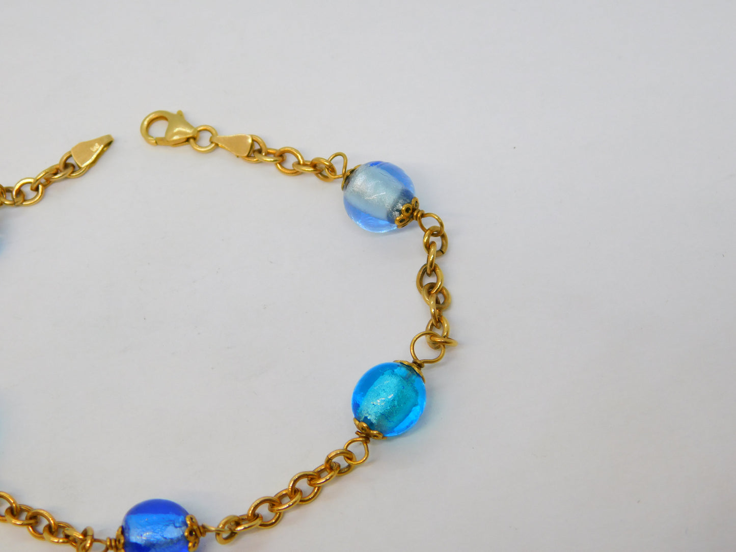 9ct Yellow Gold Five-Bead Blue Murano Glass Cable Bracelet Vintage c1980