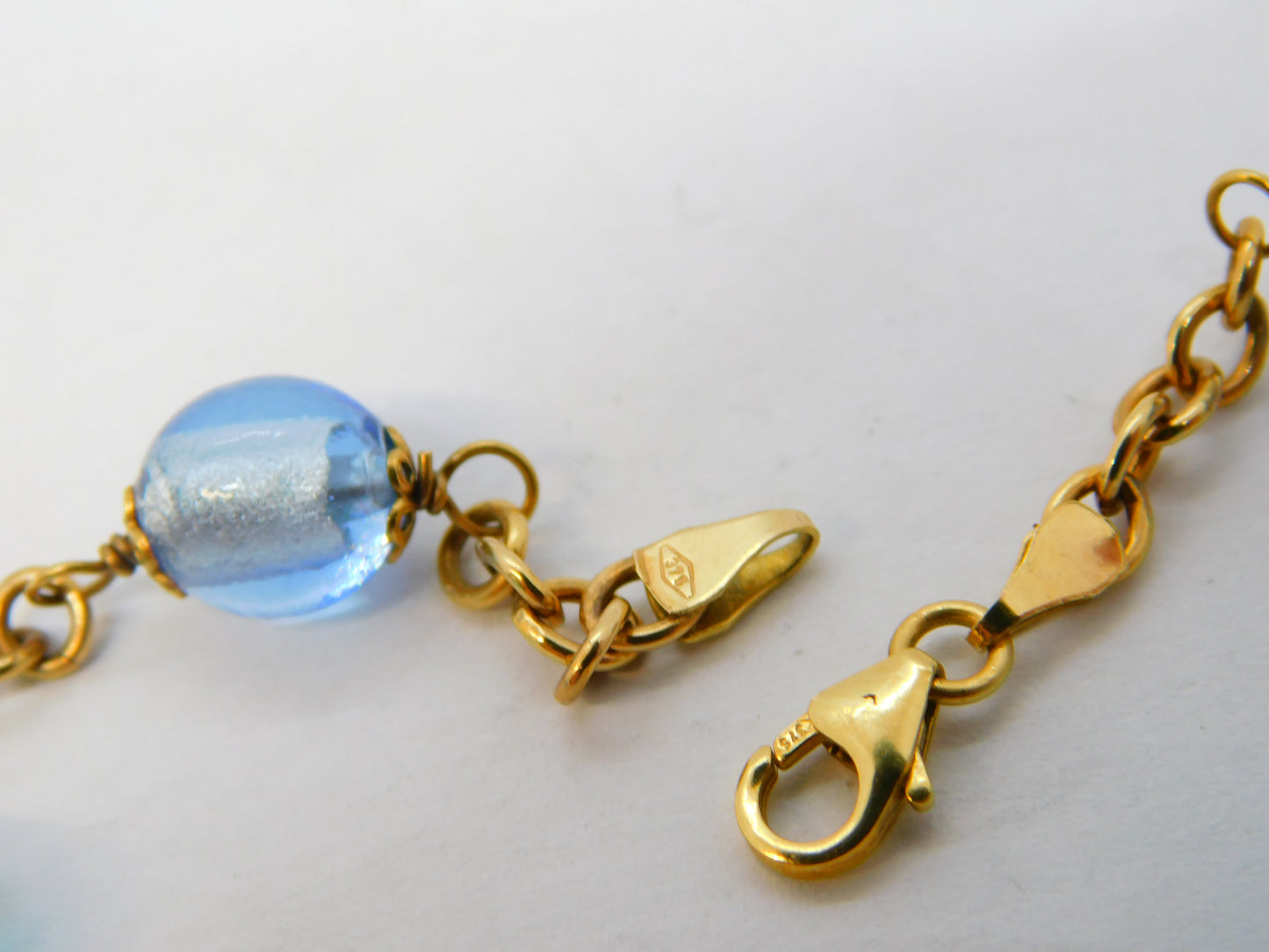 9ct Yellow Gold Five-Bead Blue Murano Glass Cable Bracelet Vintage c1980