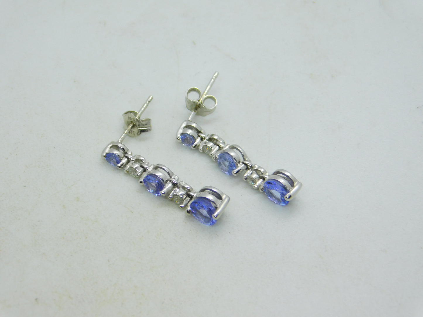 18ct White Gold, Tanzanite & Diamond Droplet Stud Earrings Vintage c2000