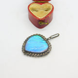 Morpho Butterfly Wing Sterling Silver Heart Pendant Antique Art Deco c1920