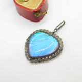 Morpho Butterfly Wing Sterling Silver Heart Pendant Antique Art Deco c1920
