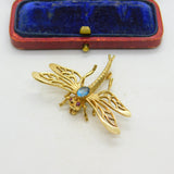 9ct Yellow Gold, Imperial Topaz & Ruby Set Dragonfly Insect Brooch 1973 London