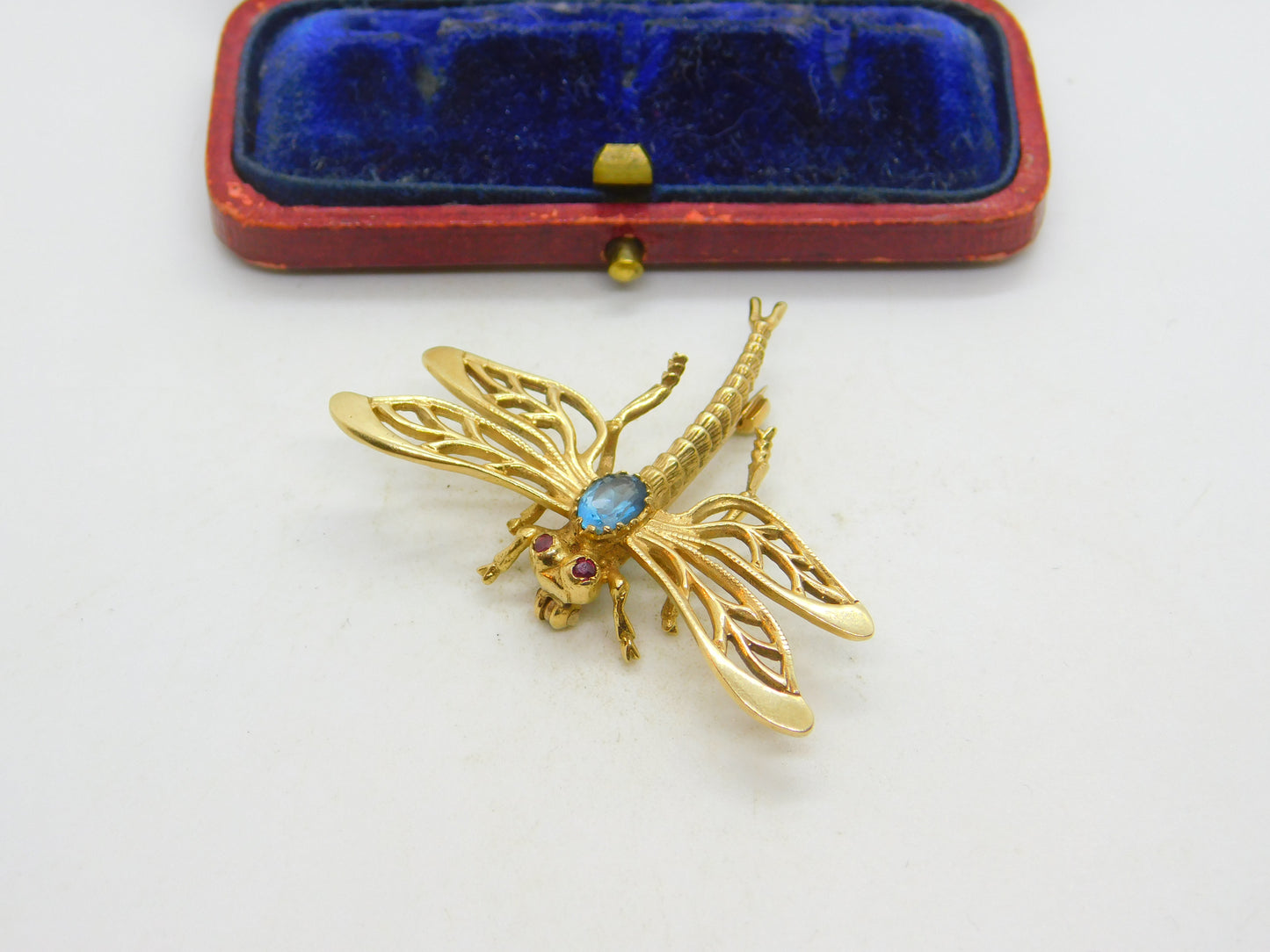 9ct Yellow Gold, Imperial Topaz & Ruby Set Dragonfly Insect Brooch 1973 London