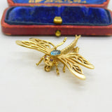 9ct Yellow Gold, Imperial Topaz & Ruby Set Dragonfly Insect Brooch 1973 London