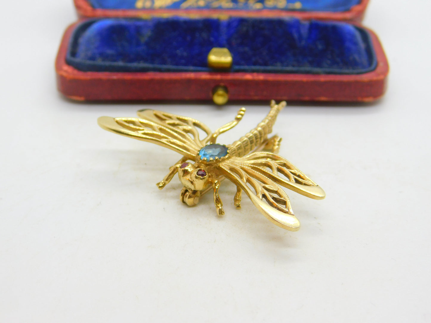 9ct Yellow Gold, Imperial Topaz & Ruby Set Dragonfly Insect Brooch 1973 London