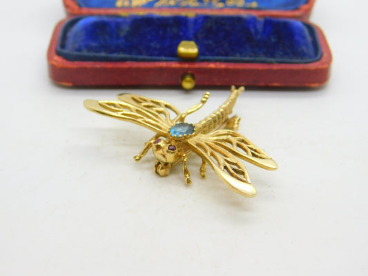 9ct Yellow Gold, Imperial Topaz & Ruby Set Dragonfly Insect Brooch 1973 London