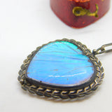 Morpho Butterfly Wing Sterling Silver Heart Pendant Antique Art Deco c1920