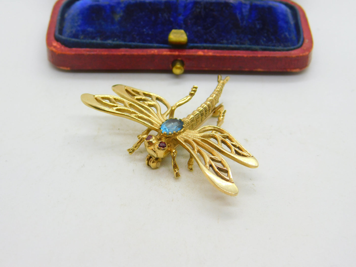 9ct Yellow Gold, Imperial Topaz & Ruby Set Dragonfly Insect Brooch 1973 London