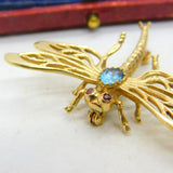 9ct Yellow Gold, Imperial Topaz & Ruby Set Dragonfly Insect Brooch 1973 London