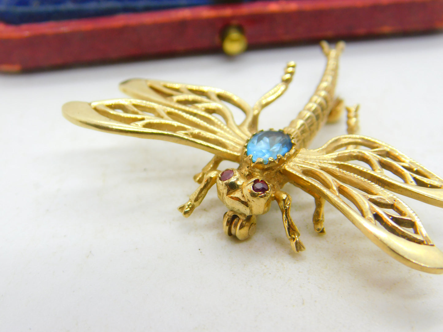 9ct Yellow Gold, Imperial Topaz & Ruby Set Dragonfly Insect Brooch 1973 London