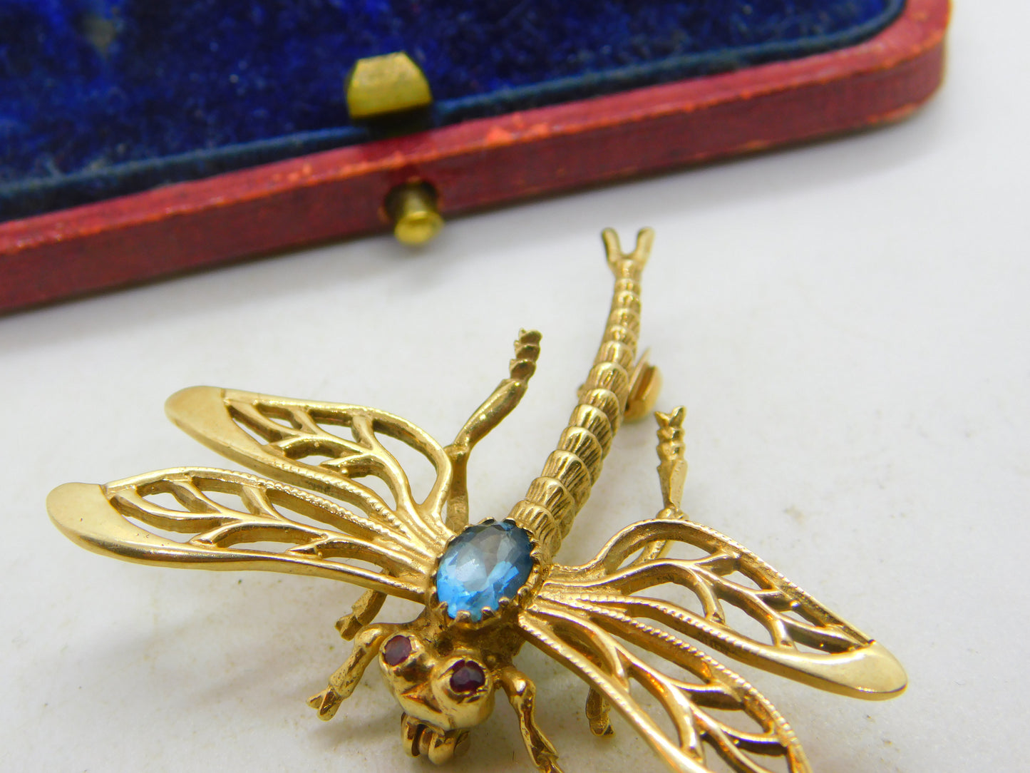 9ct Yellow Gold, Imperial Topaz & Ruby Set Dragonfly Insect Brooch 1973 London