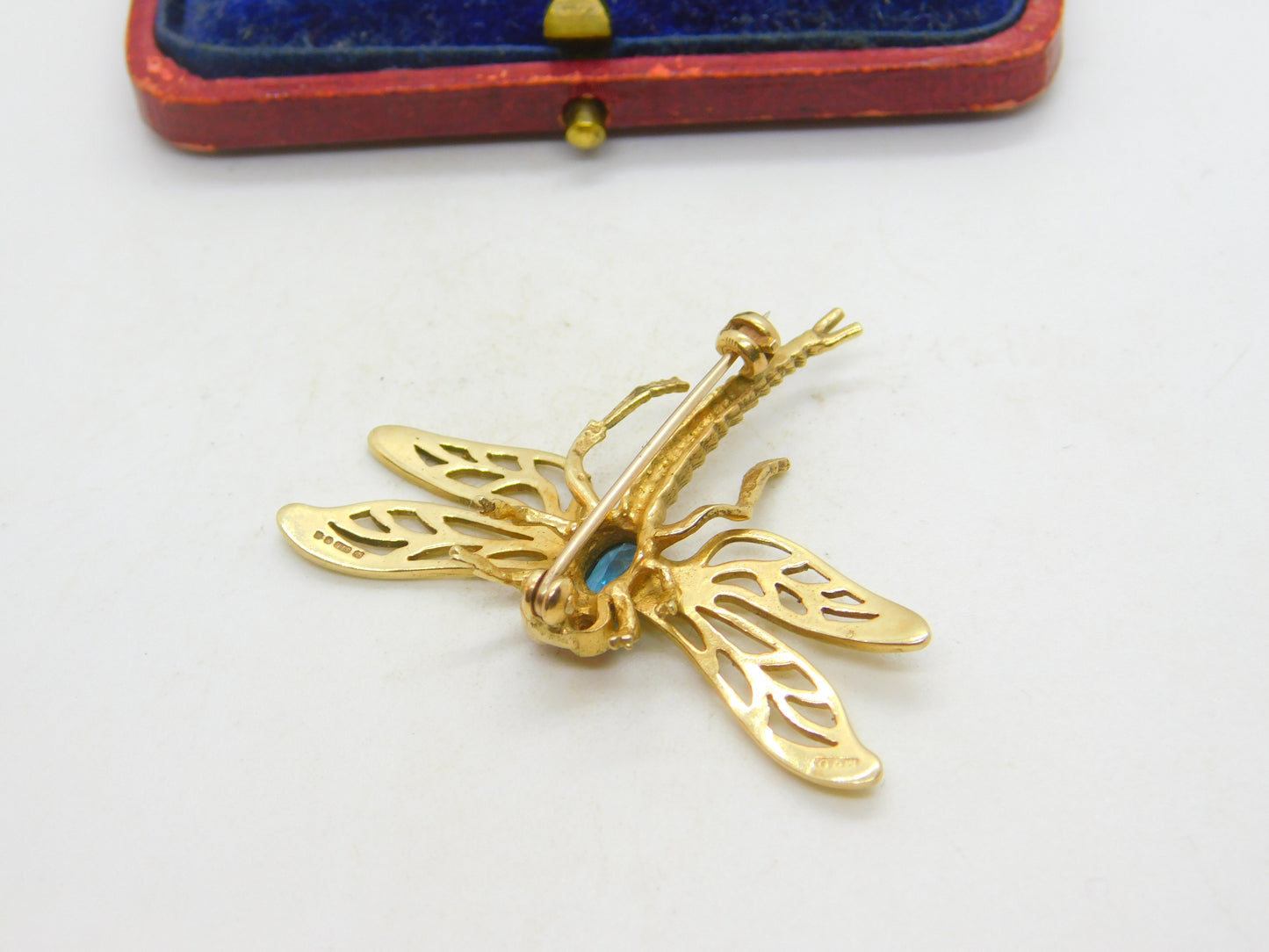 9ct Yellow Gold, Imperial Topaz & Ruby Set Dragonfly Insect Brooch 1973 London