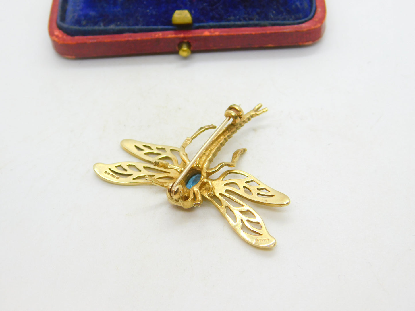 9ct Yellow Gold, Imperial Topaz & Ruby Set Dragonfly Insect Brooch 1973 London