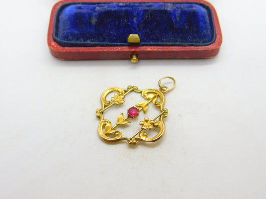 Edwardian 9ct Yellow Gold & Pink Topaz Set Lavalier Drop Pendant c1910 Antique