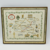 Framed Needlework Wool Sampler Map of The North Cotswolds Antique c1920 Art Deco