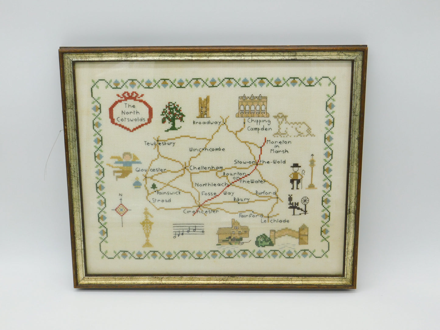 Framed Needlework Wool Sampler Map of The North Cotswolds Antique c1920 Art Deco