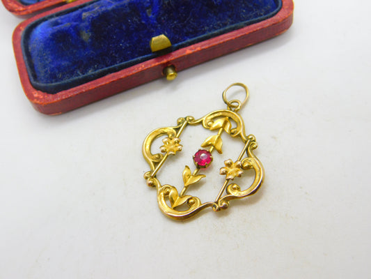 Edwardian 9ct Yellow Gold & Pink Topaz Set Lavalier Drop Pendant c1910 Antique