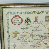 Framed Needlework Wool Sampler Map of The North Cotswolds Antique c1920 Art Deco