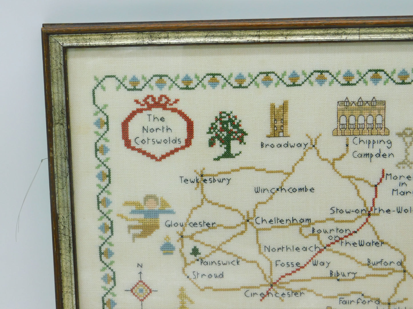 Framed Needlework Wool Sampler Map of The North Cotswolds Antique c1920 Art Deco