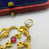Edwardian 9ct Yellow Gold & Pink Topaz Set Lavalier Drop Pendant c1910 Antique
