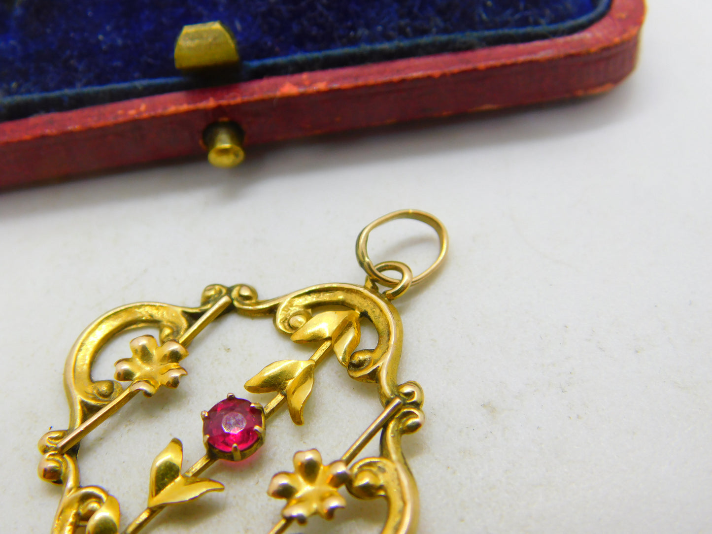 Edwardian 9ct Yellow Gold & Pink Topaz Set Lavalier Drop Pendant c1910 Antique