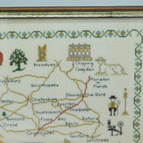 Framed Needlework Wool Sampler Map of The North Cotswolds Antique c1920 Art Deco