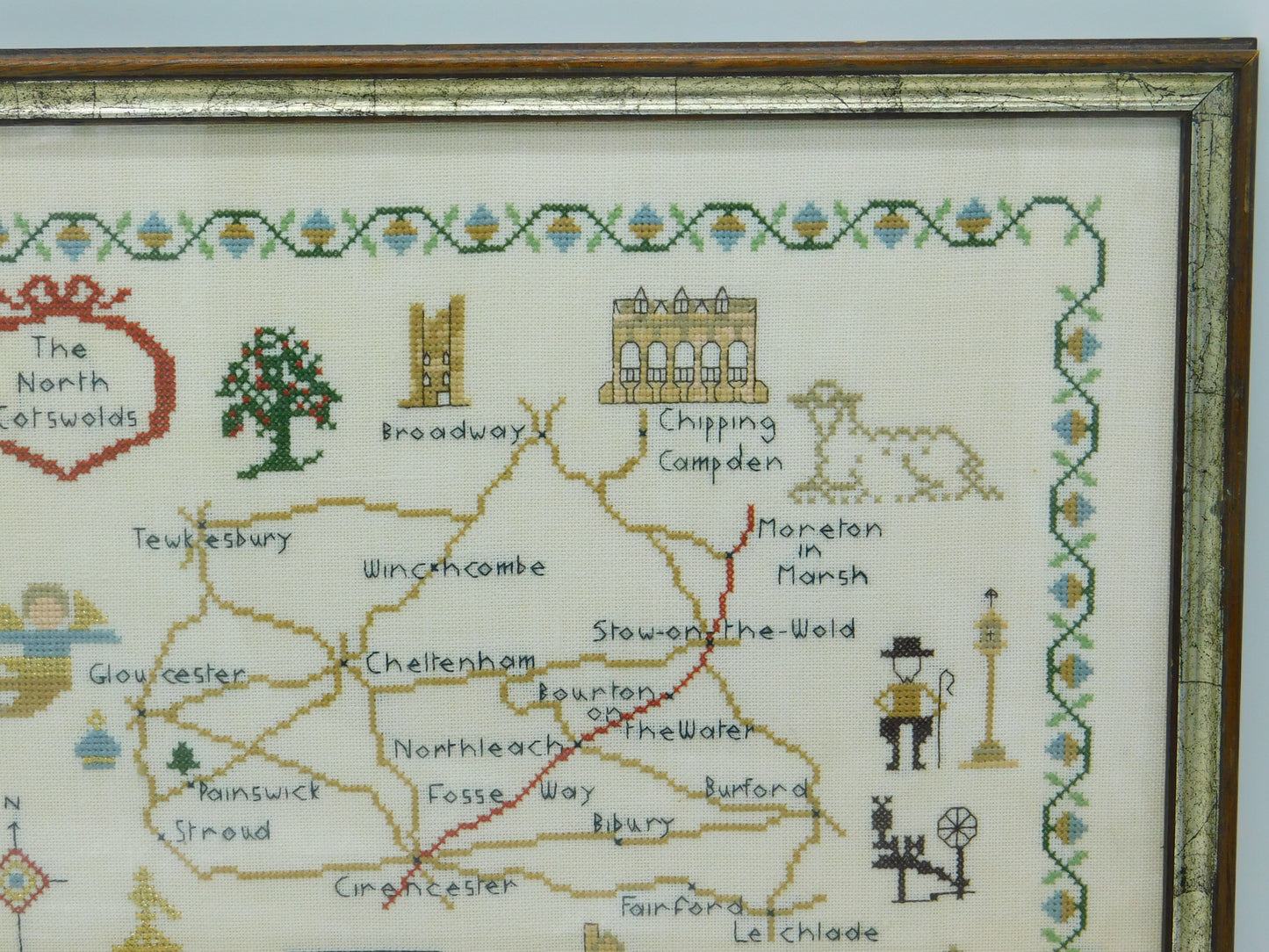 Framed Needlework Wool Sampler Map of The North Cotswolds Antique c1920 Art Deco