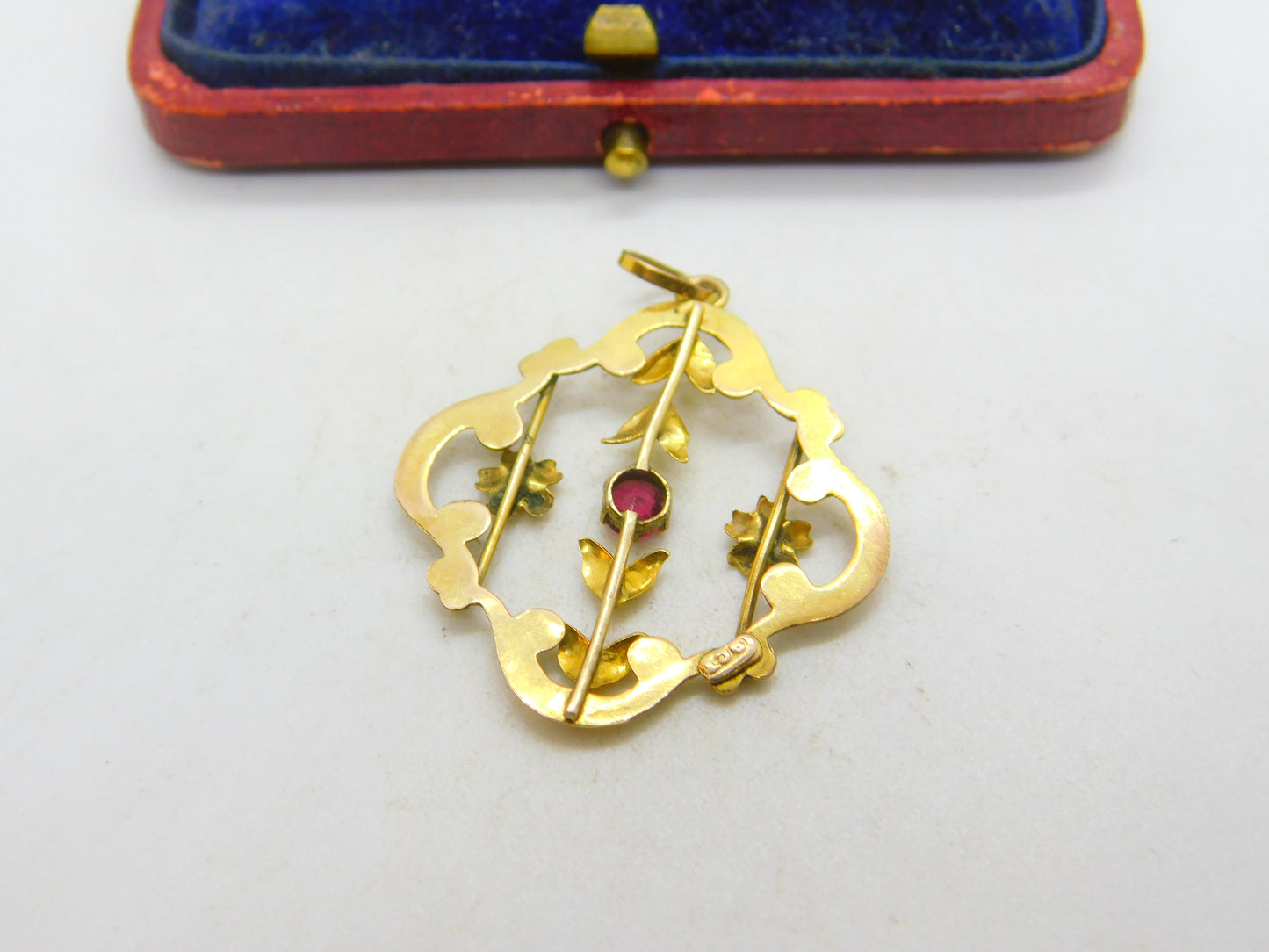 Edwardian 9ct Yellow Gold & Pink Topaz Set Lavalier Drop Pendant c1910 Antique