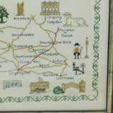 Framed Needlework Wool Sampler Map of The North Cotswolds Antique c1920 Art Deco