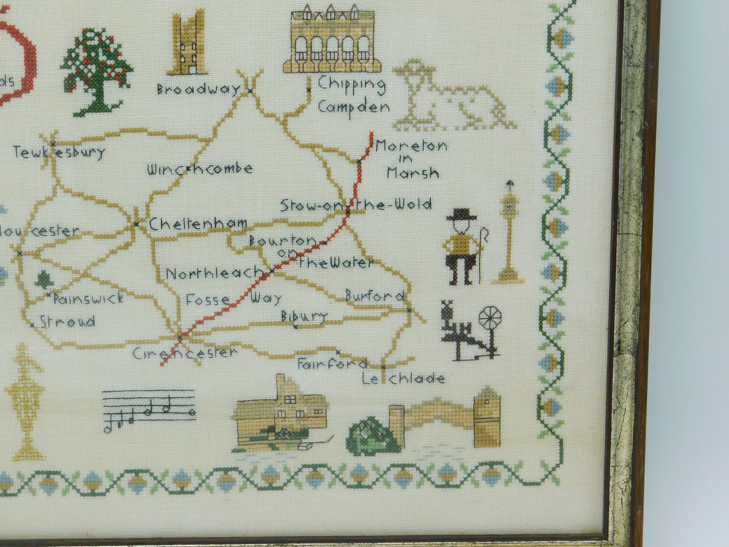 Framed Needlework Wool Sampler Map of The North Cotswolds Antique c1920 Art Deco