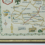 Framed Needlework Wool Sampler Map of The North Cotswolds Antique c1920 Art Deco