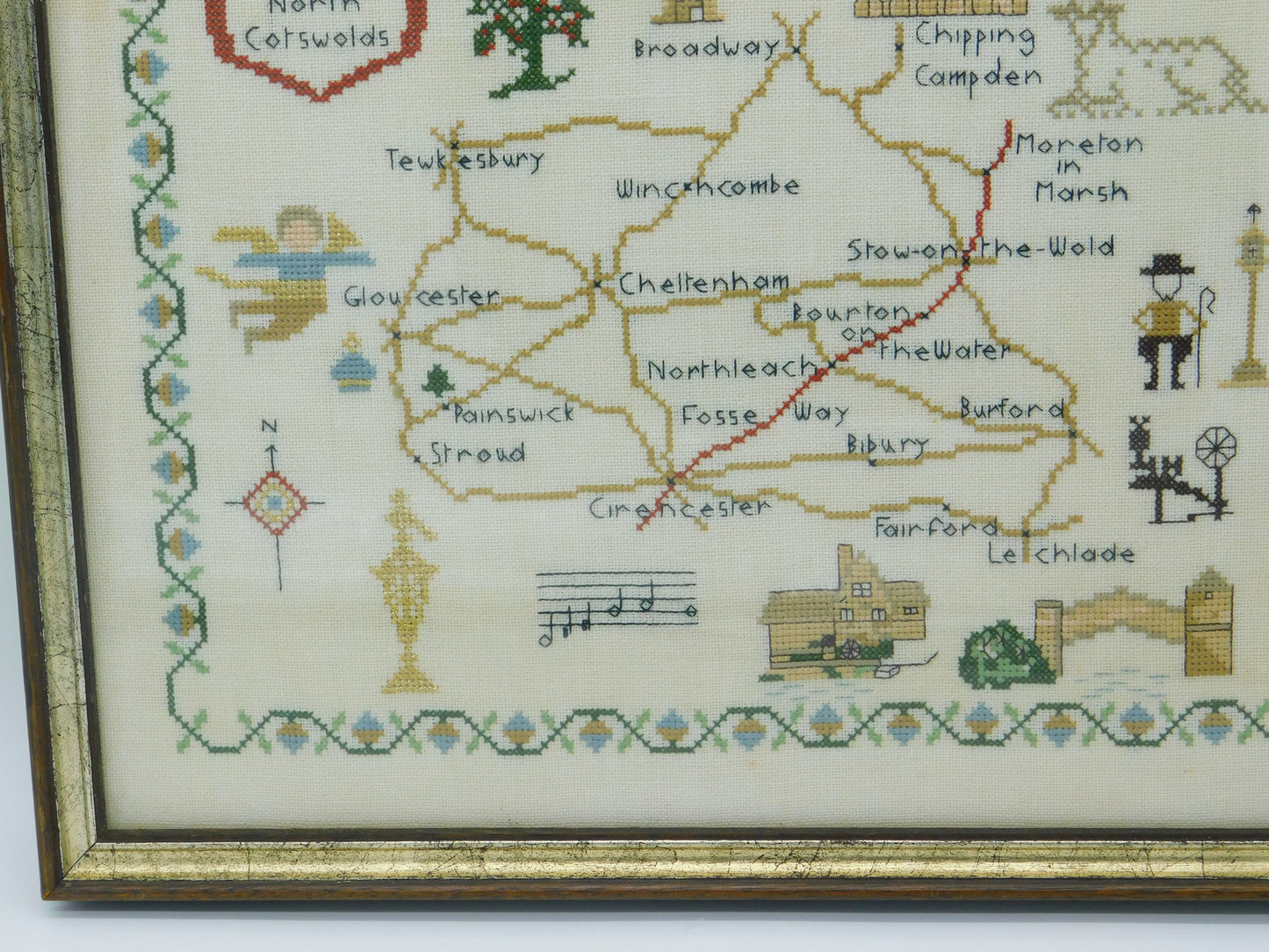 Framed Needlework Wool Sampler Map of The North Cotswolds Antique c1920 Art Deco