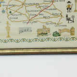 Framed Needlework Wool Sampler Map of The North Cotswolds Antique c1920 Art Deco