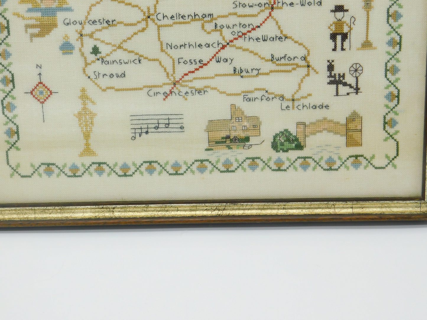 Framed Needlework Wool Sampler Map of The North Cotswolds Antique c1920 Art Deco