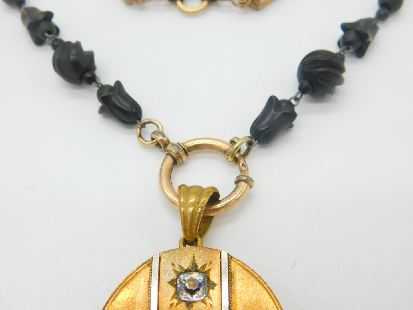 Victorian Whitby Jet, Rolled Gold Large Mourning Locket Necklace Antique c1850