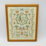 Framed Needlework Wool Sampler Gardening Scene Colourful LWS 1986 Vintage
